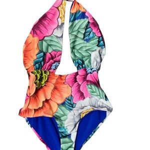 Mara Hoffman Pink and Orange One Piece Swimsuit with Halter Neckline S Like New